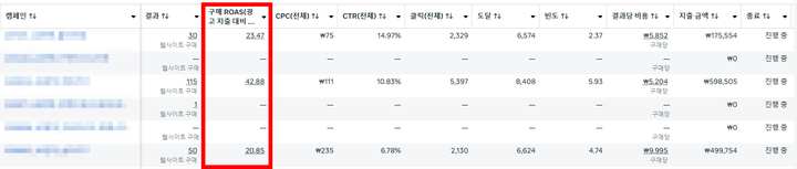 실제 광고계정 구매 ROAS 성과 (ROAS 42.88배·CTR 14.97%)